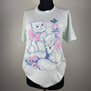 80s/90s Vintage Graphic Cat T-Shirt Pastel Kawaii Kitten | Made in USA